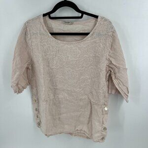 ✅ Lungo L'arno Womens LARGE Linen Top Pale CREAM Roll Tab Sleeve Blouse Italy